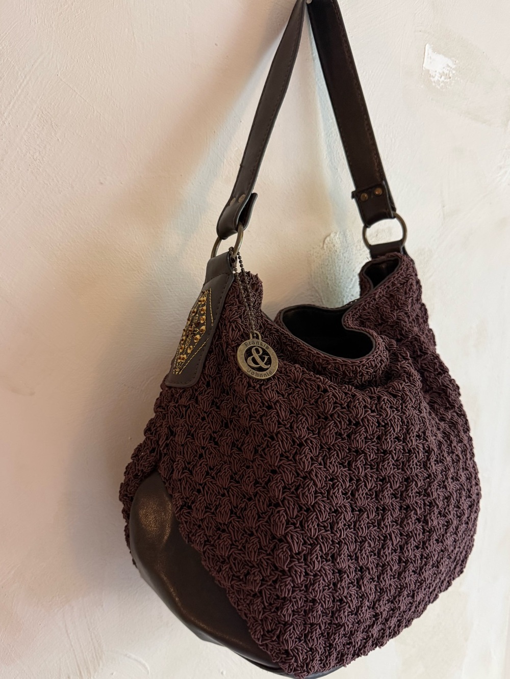 Vintage | Frankie & Johnnie | Y2K | Crochet Knit | Shoulder Bag Beaded | Brown
